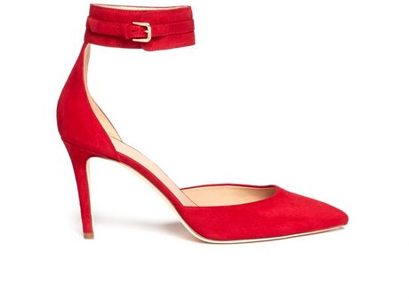 red ankle strap pumps