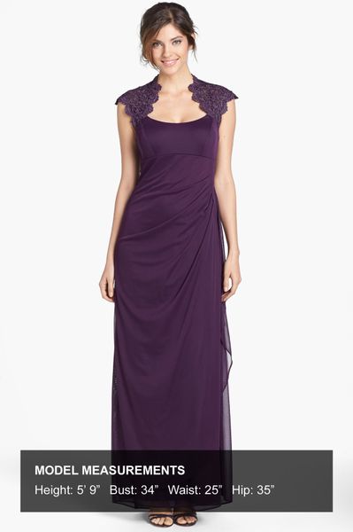 Xscape Lace Yoke Mesh Gown in Purple (Plum)
