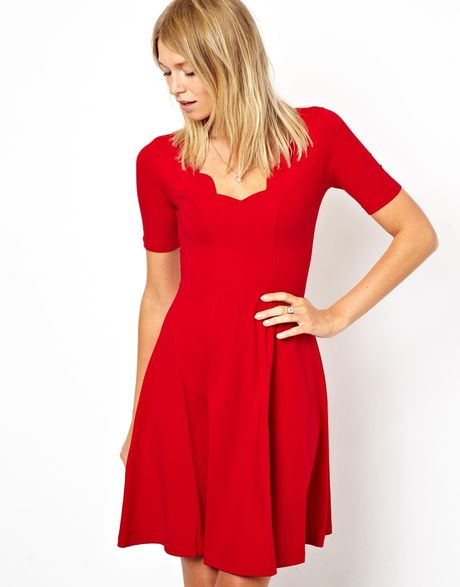 Asos Skater Dress with Scallop Detail in Red | Lyst