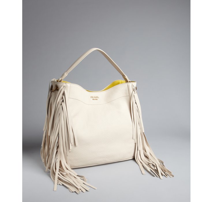 Prada White Pebbled Leather Tassel Trim Shoulder Bag in White | Lyst