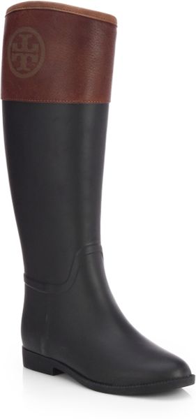 tory burch black and brown rain boots