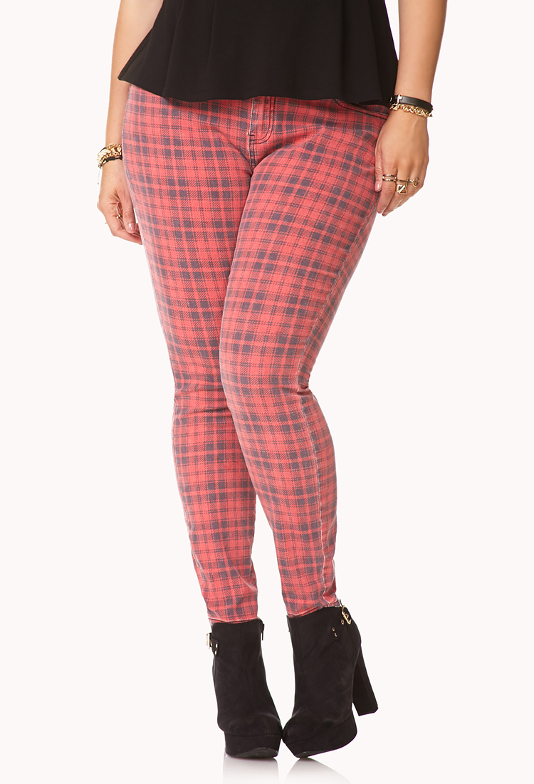 red plaid skinny jeans
