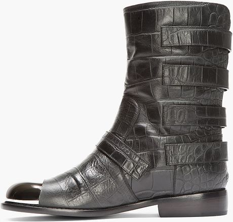 croc embossed leather square toe boots