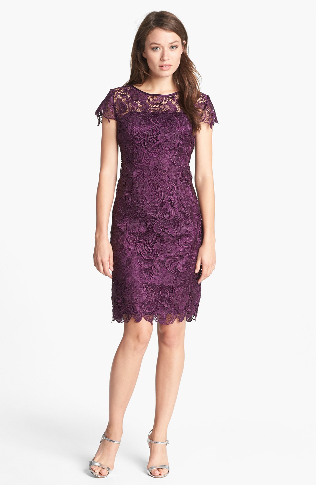 Patra Crocheted Venise Lace Sheath Dress in Purple (Eggplant)