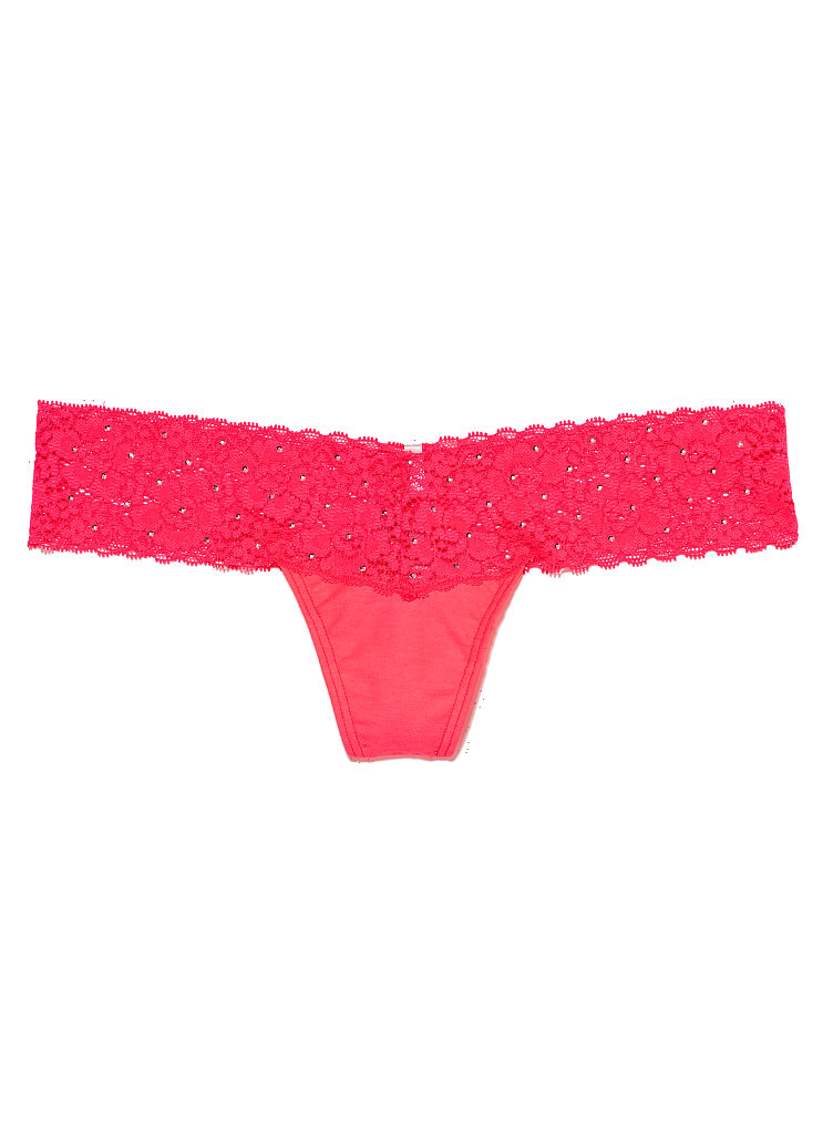 Victorias Secret Lace Trim Thong Panty In Pink Bling Neon Watermelon 7386