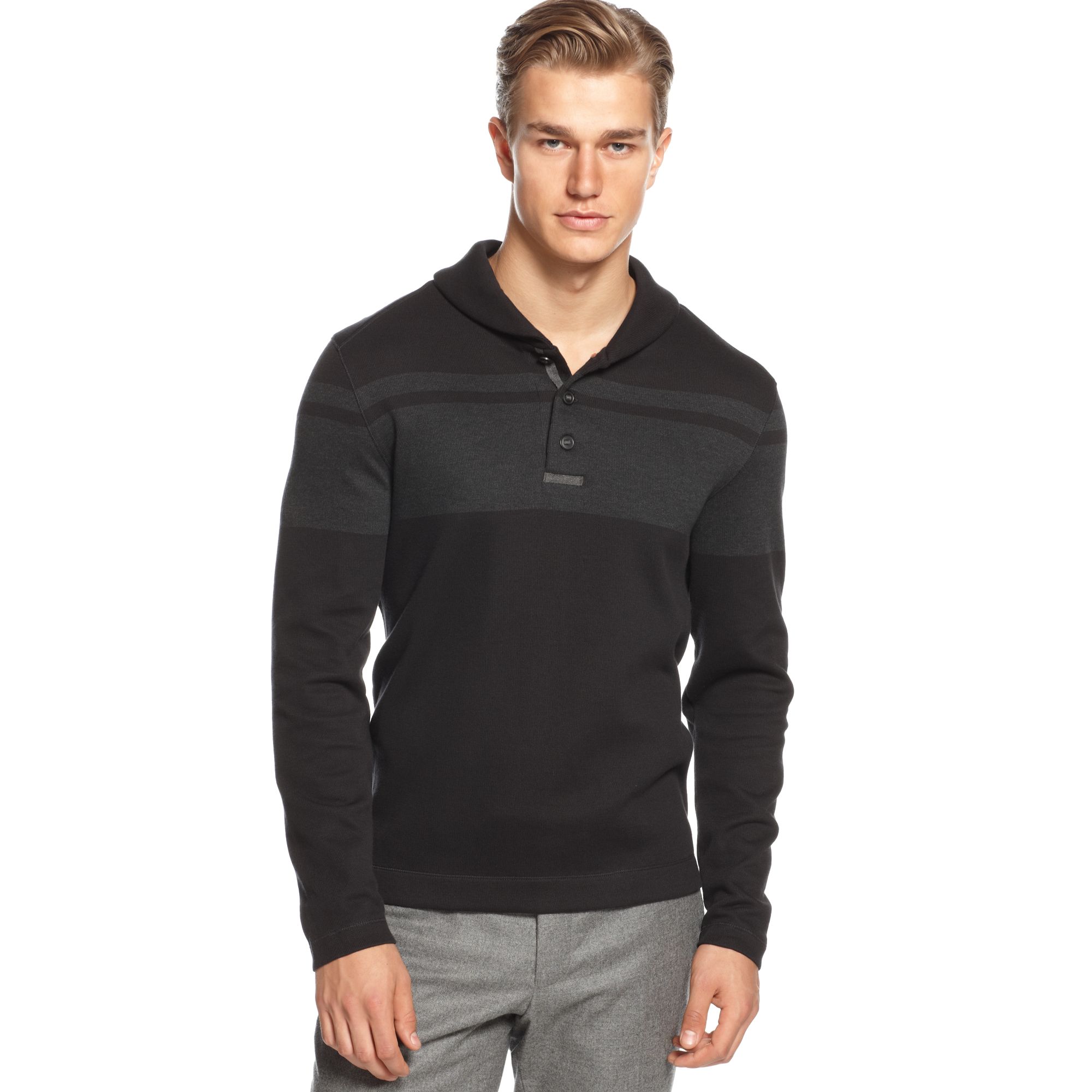 Calvin Klein Macys Exclusive Long Sleeve Shawl Collar Shirt in Black for Men (Pitch Black) | Lyst