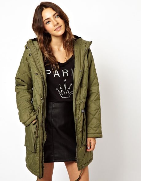 Asos Quilted Parka With Borg Lining in Green (Khaki) | Lyst