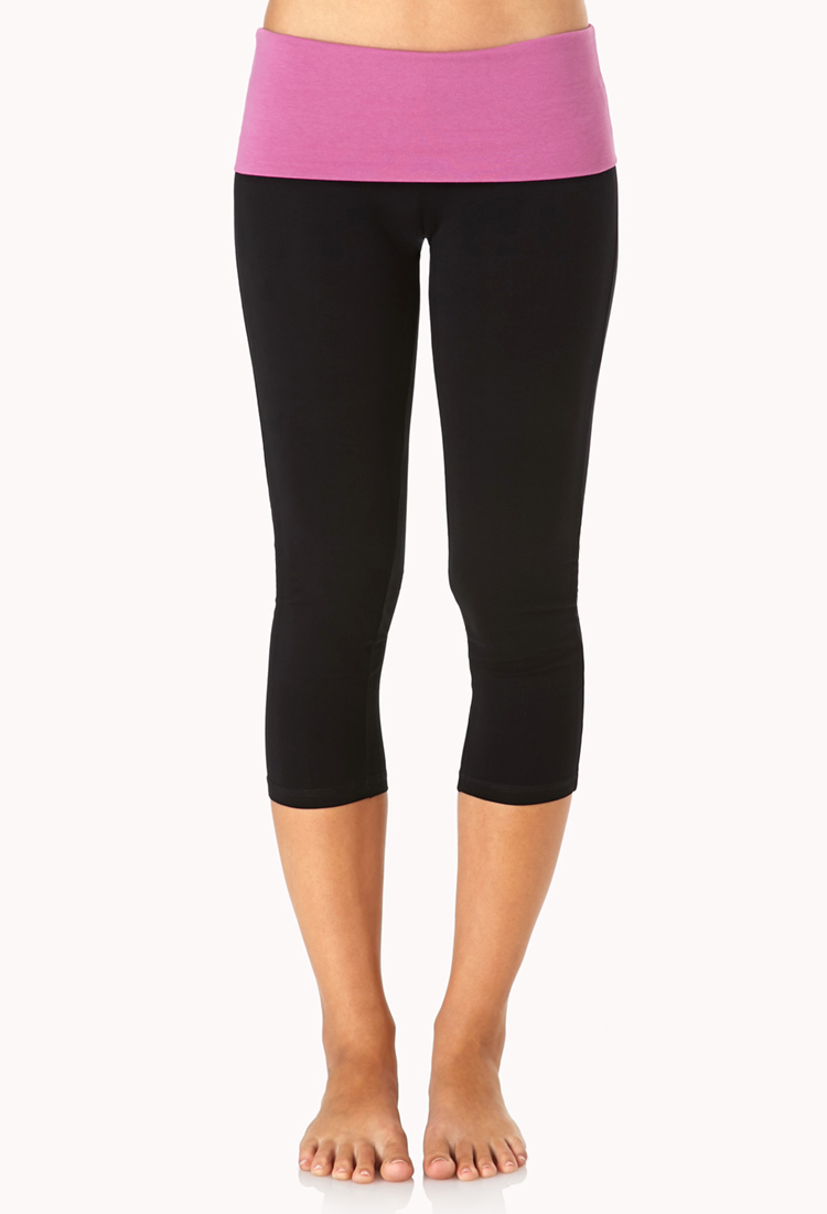 Forever 21 Contrast Foldover Yoga Capris in Black (Blackorchid)