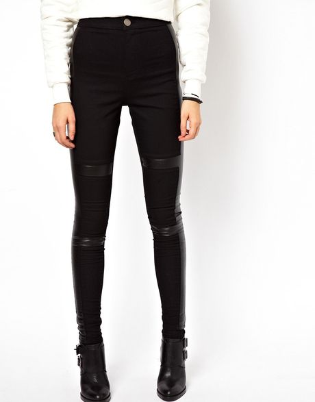 Asos Denim Tube Pants with Vertical Mix Leather Look Stripe in Black ...