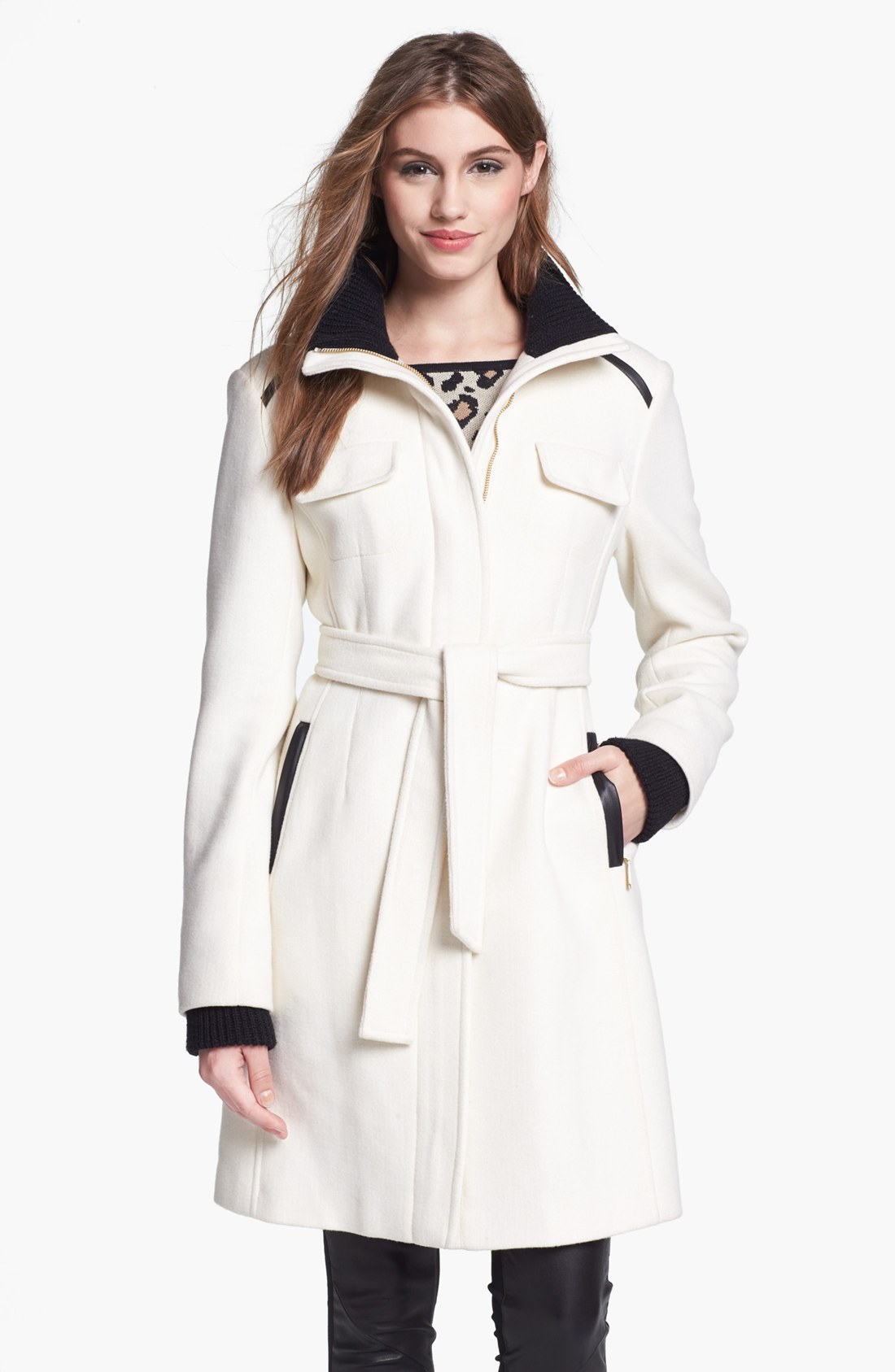 Vince Camuto Knit Faux Leather Trim Belted Wool Blend Coat in Beige
