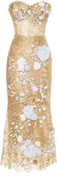 Marchesa Strapless Metallic Lace Cocktail Dress in Beige (Gold)