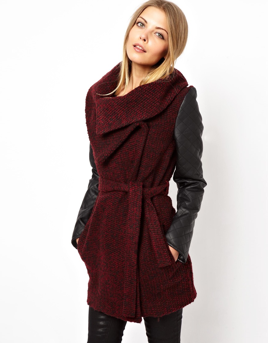 Asos Quilted Pu Sleeve Coat in Red | Lyst