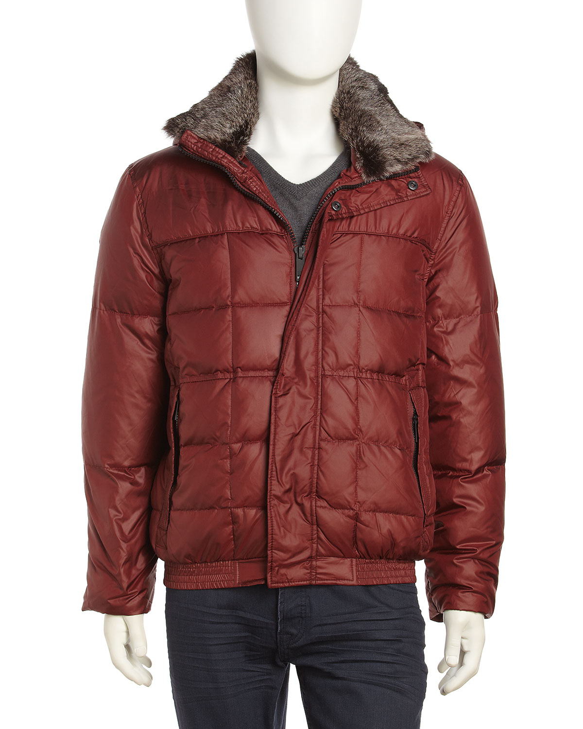 Marc New York By Andrew Marc Mens Fur Collar Puffer Jacket Wine in