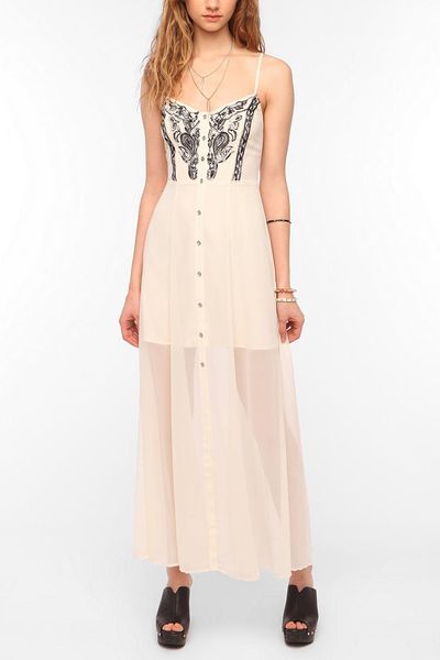 Urban Outfitters Ecote Willow Embroidered Maxi Dress in White