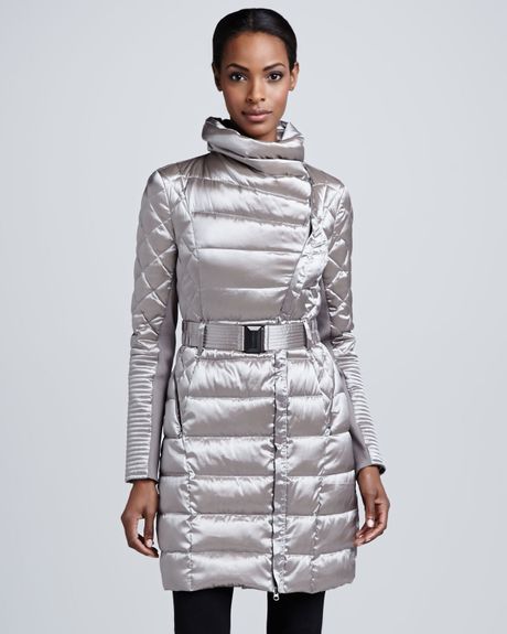 Bcbgmaxazria Metallic Belted Puffer Coat in Gray (BLACK) | Lyst