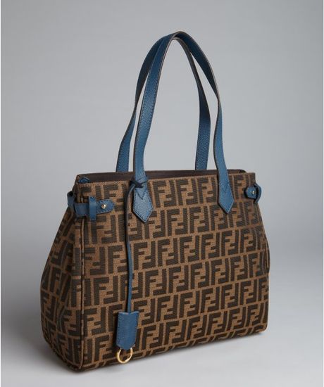 Fendi Brown Zucca Canvas Blue Leather Tote Bag in Brown | Lyst