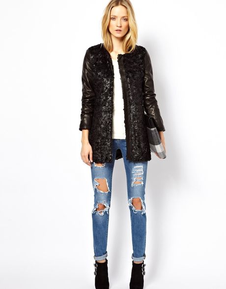 Aldo Joes Jeans Textured Coat with Leather Sleeves in Black | Lyst Aldo Joes Jeans Textured Coat with Leather Sleeves in Black | Lyst