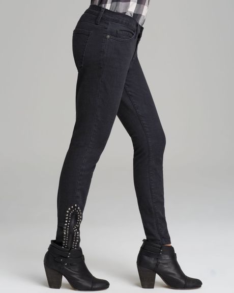 Current/elliott Jeans - The Zip Stiletto Studded In Black in Black (Washed Black w/ Mixed Studs 