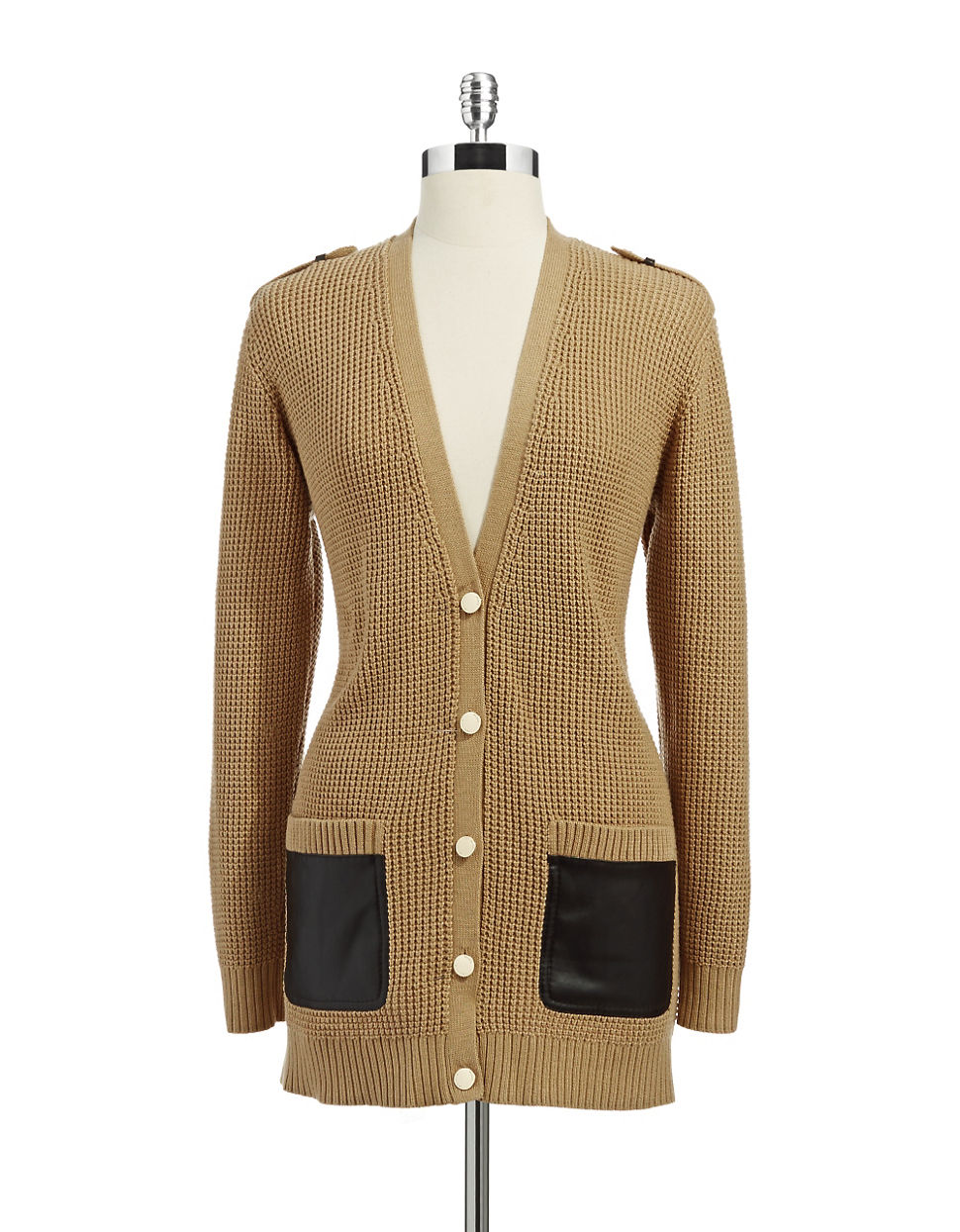 Michael Michael Kors Cardigan With Leather Accent Pockets In Beige Camel Lyst