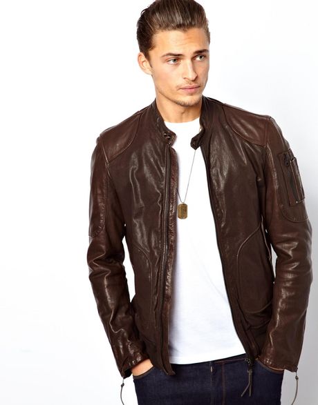 Asos Replay Leather Bomber Jacket in Brown for Men | Lyst