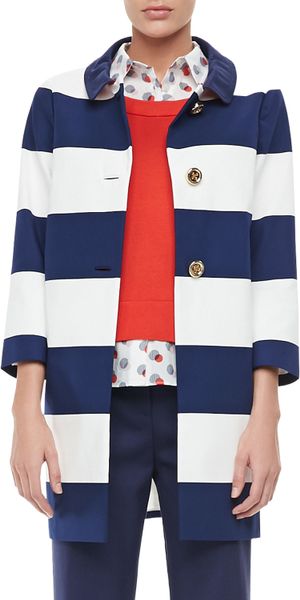 Kate Spade Franny 34sleeve Striped Coat in Blue (FNVY/CMBAR 418) | Lyst