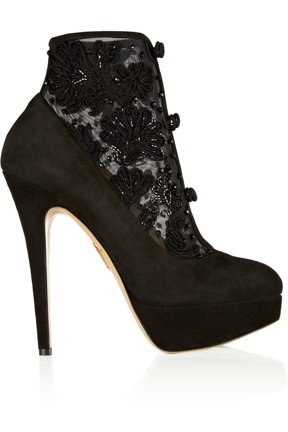 Charlotte Olympia Colombina Embellished Suede and Mesh Ankle Boots in