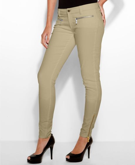 Michael Kors Colored Wash Zipper Skinny in Khaki - Lyst