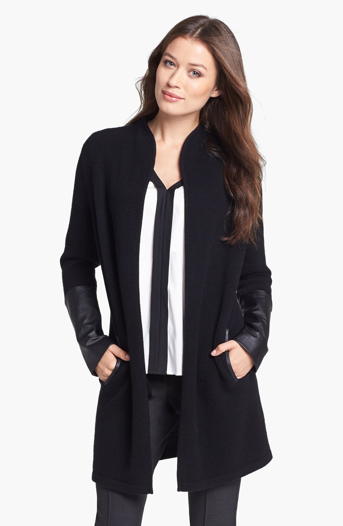 Nordstrom Collection Leather Sleeve Long Cashmere Cardigan in Black | Lyst
