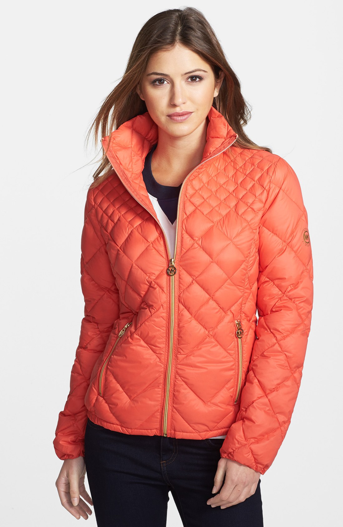 Michael Michael Kors Diamond Quilted Down Jacket in Orange (Hot Coral)