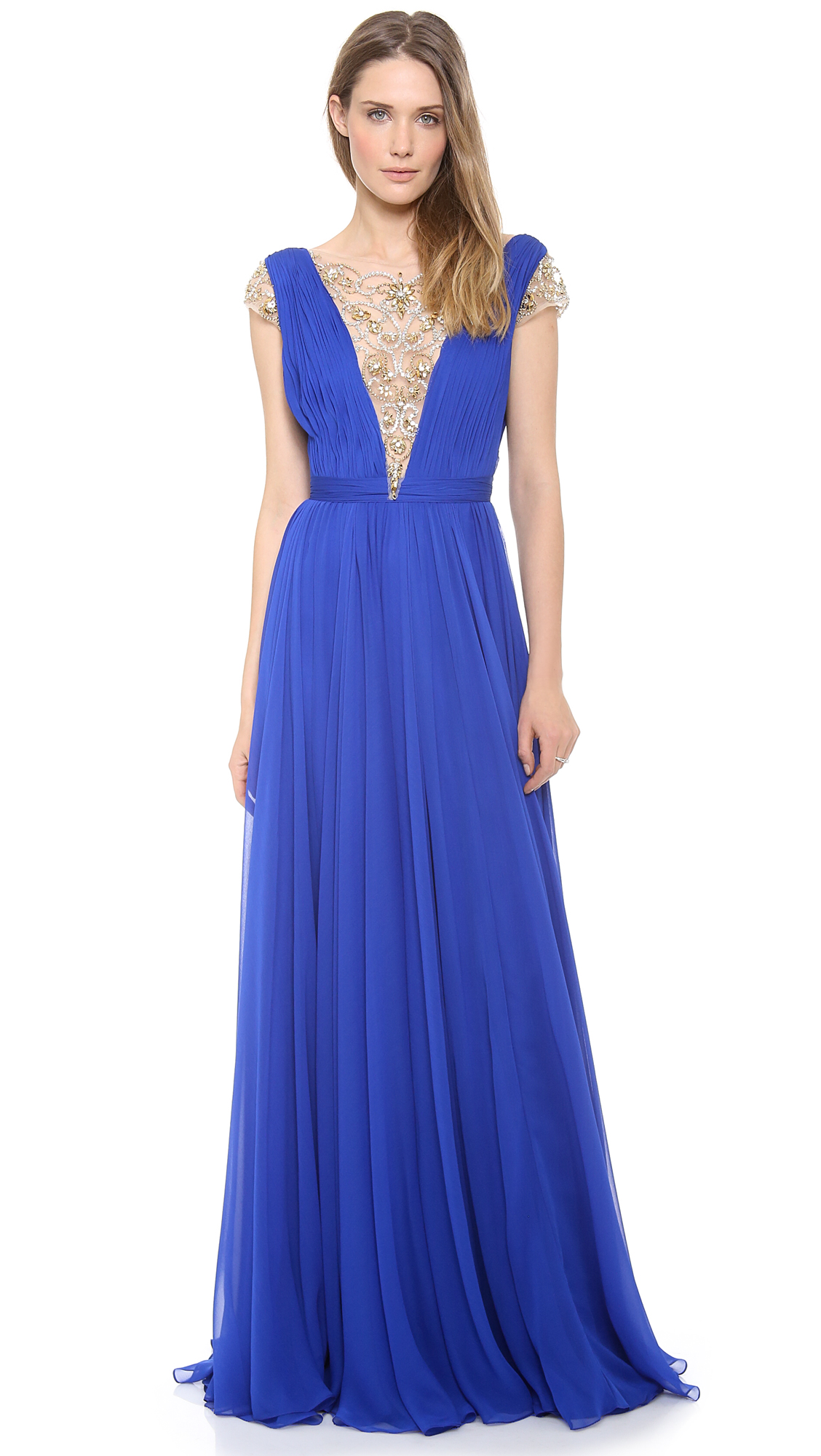 Reem Acra Silk Chiffon Illusion V Neck Gown in Blue (Royal/Silver/Gold ...