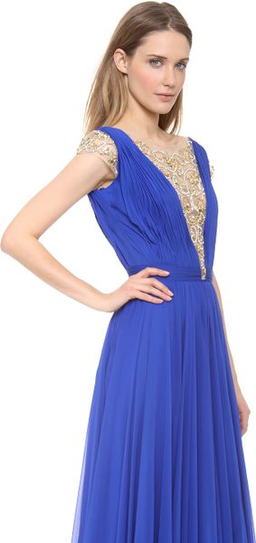 Reem Acra Silk Chiffon Illusion V Neck Gown In Blue Royalsilvergold Lyst 9724