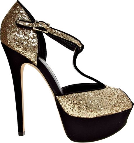 Aldo Loveless Glitter Tbar Platform Heeled Shoes in Gold | Lyst