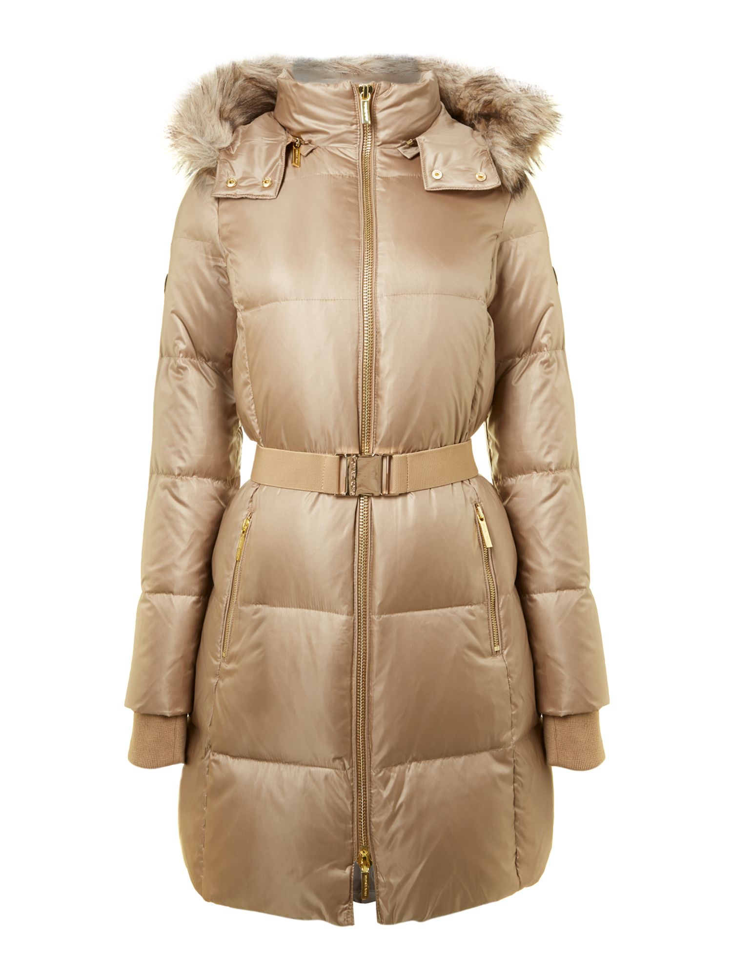 Michael Kors Knee Length Padded Coat with Fur Hood in Beige (Camel) Lyst