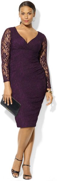 ... Lauren Plus Size Long Sleeve Lace Surplice Dress in Purple (Raisin