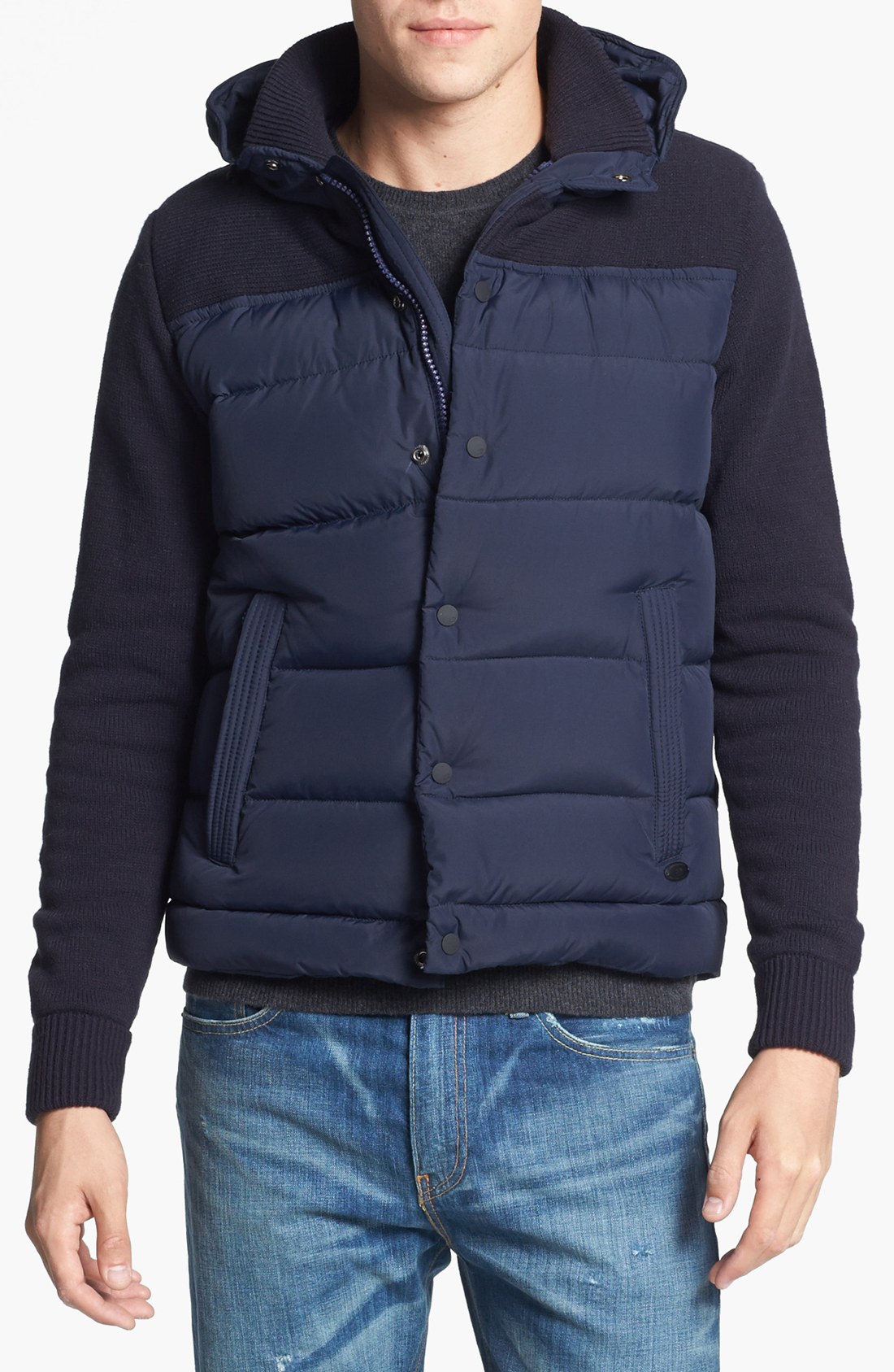Scotch & Soda Quilted Mixed Media Hooded Jacket with Knit Sleeves in