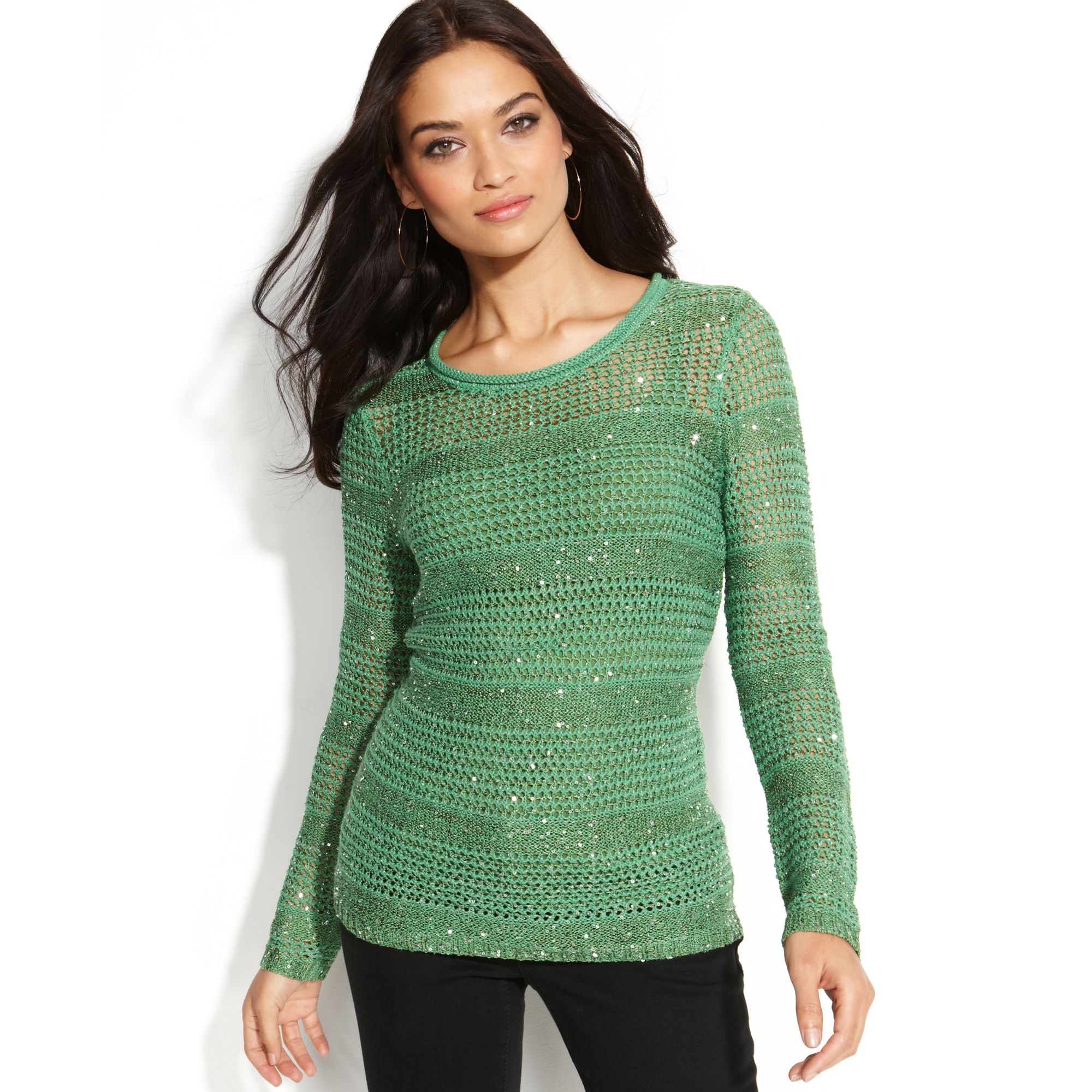 Inc International Concepts Open Knit Striped Sequin Sweater in Green