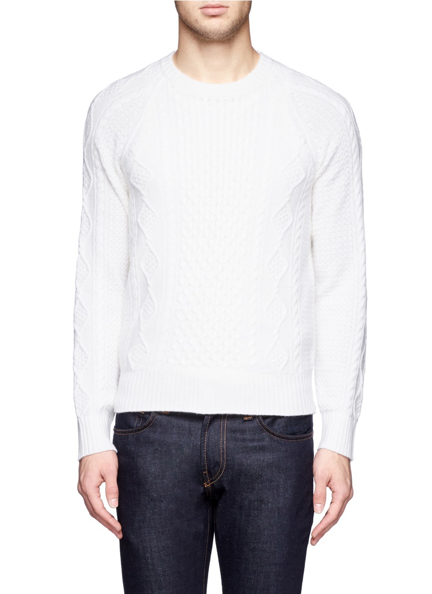 Club Monaco Cable Knit Cashmere Sweater in White for Men Lyst