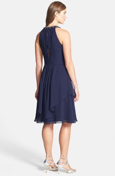 Eliza J Embellished Neck Layered Chiffon Fit And Flare Dress In Blue Navy Lyst