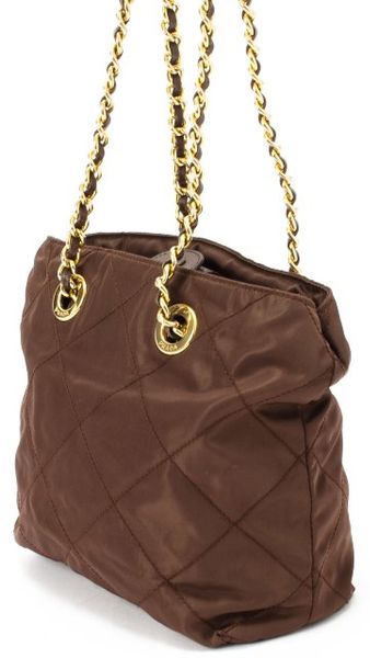Prada Preowned Brown Quilted Nylon Double Chain Shoulder Bag in Brown | Lyst