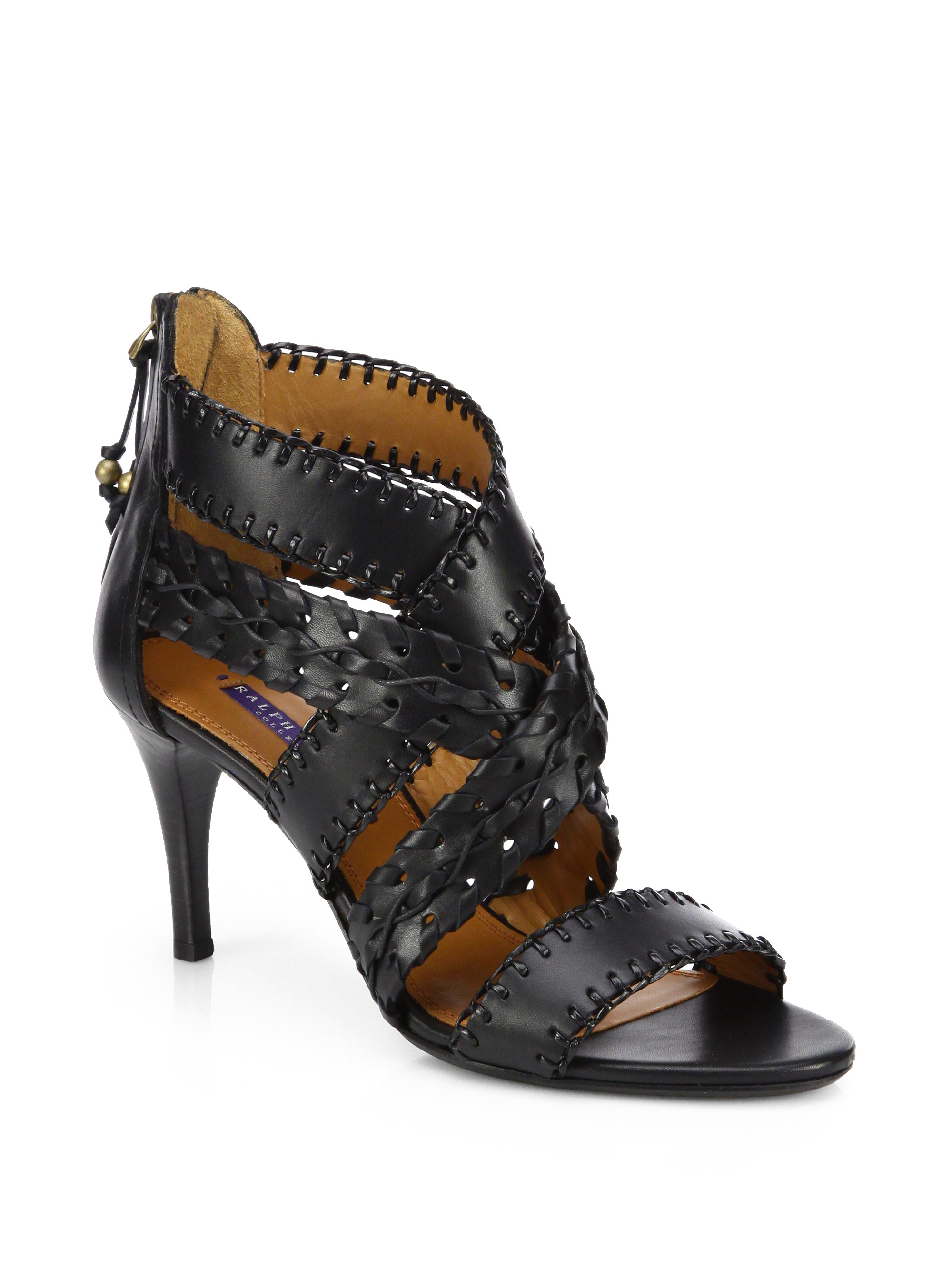 Ralph Lauren Collection Ardina Woven Leather Sandals in Black | Lyst