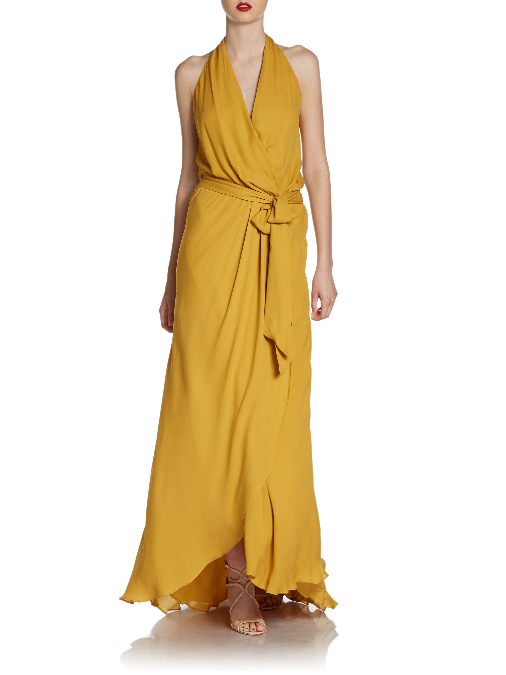Haute Hippie Silk Halter neck Belted Gown in Yellow (MUSTARD) Lyst