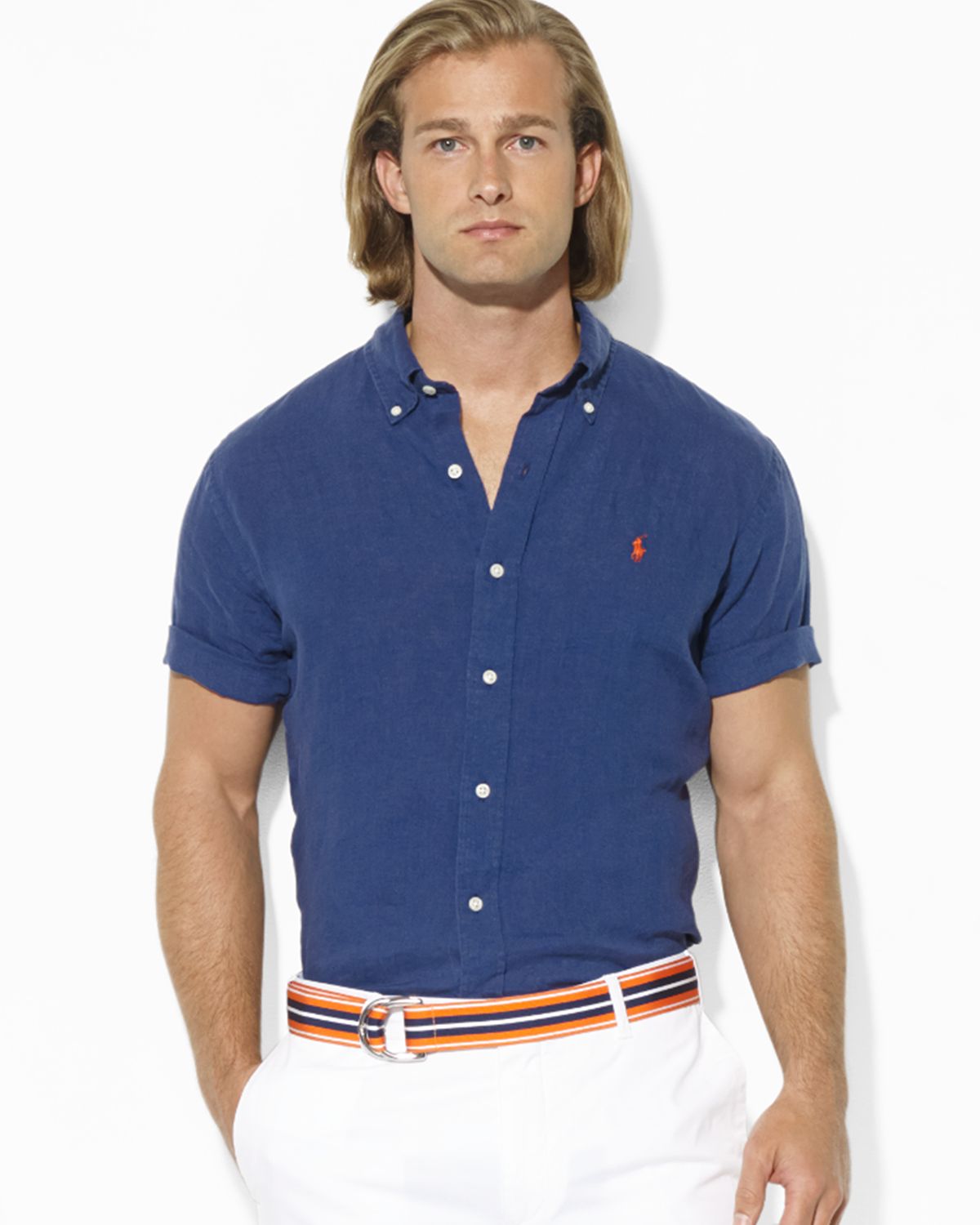 Men's $98. (M) POLO-RALPH LAUREN Navy Linen Shirt (Short Sleeve) | eBay