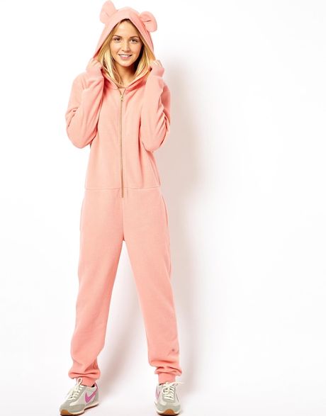Asos Cosy Soft Fleece Onesie with Hood and Ears in Pink | Lyst