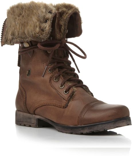 Steve Madden Fur Cuff Lace Up Boots in Brown | Lyst