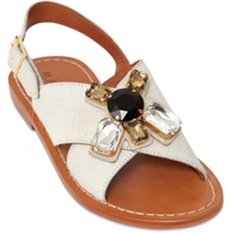 Marni Ponyskin Sandals with Jeweled Flower in White | Lyst