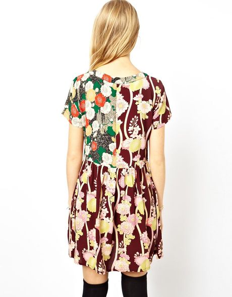 Asos Skater Dress With Floral Patchwork In Multicolor Print Lyst