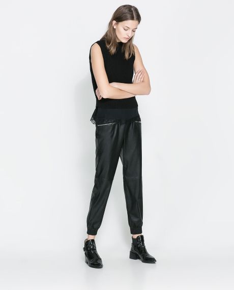 Zara Leather Effect Trousers in Black | Lyst