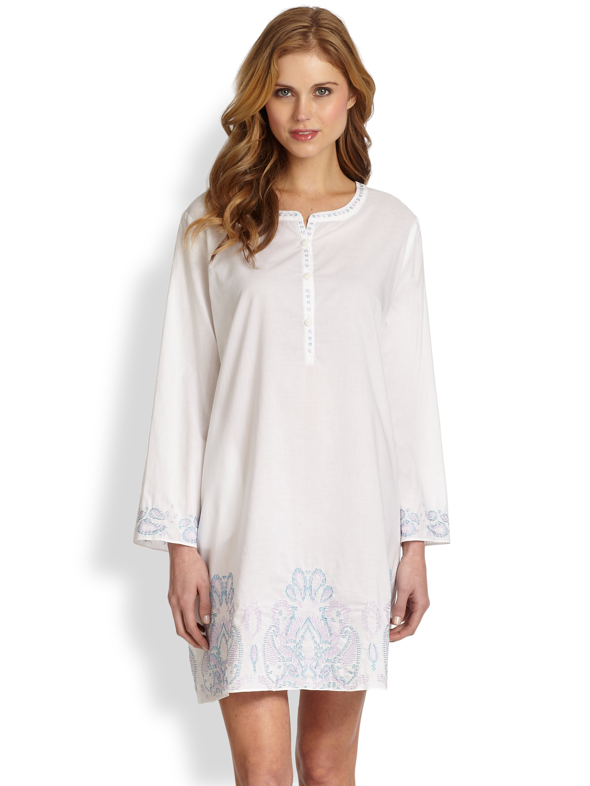 Oscar De La Renta Sleepwear Halftan Filigree Night Shirt in White Lyst