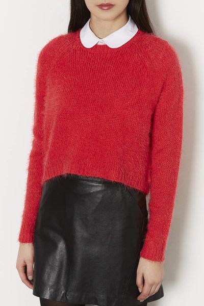 Topshop Knitted Fluffy Crew Jumper in Red Lyst