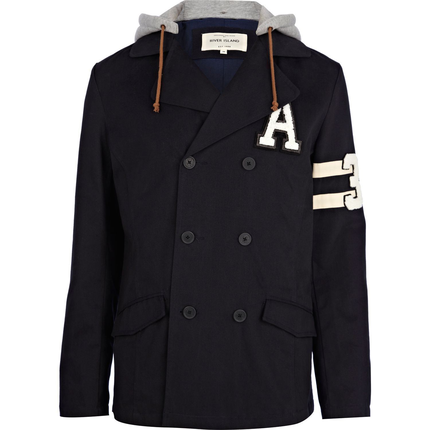 River Island Navy Jersey Hood Varsity Pea Coat in Blue for Men (navy
